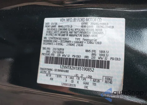 2008 Ford Mustang Gt из США, поврежденный, VIN 1ZVHT82H185190852